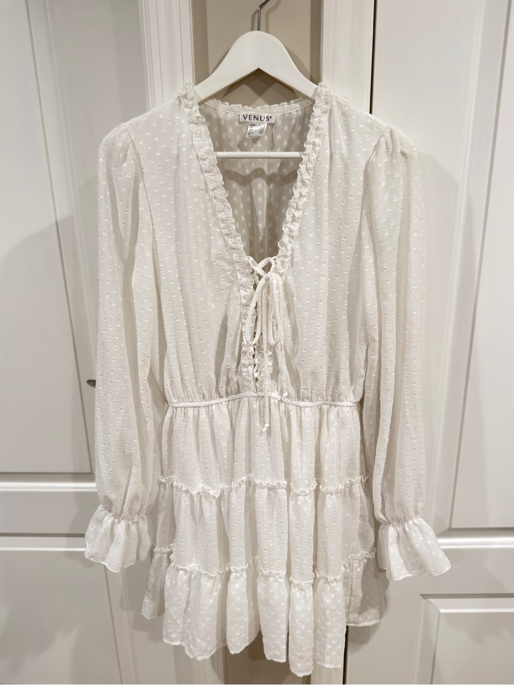 VENUS White Swiss Dot Tie Front Long Sleeve Mini Dress Women's Medium